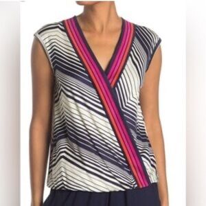Trina Turk Top Blue White Stripe Pink Orange Trim Signature Logo Tank Shirt L
